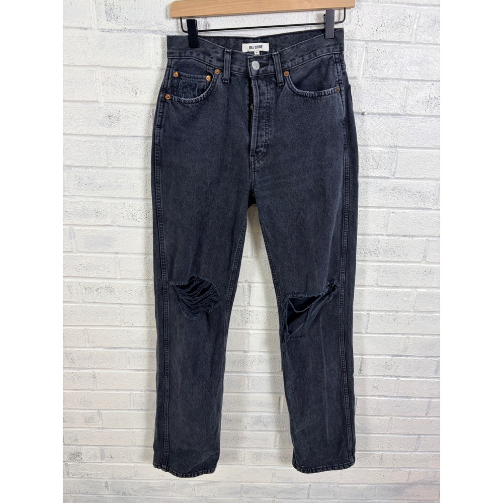 RE/DONE Originals High Rise Loose Jeans Women 25 Black Distressed Straight Leg